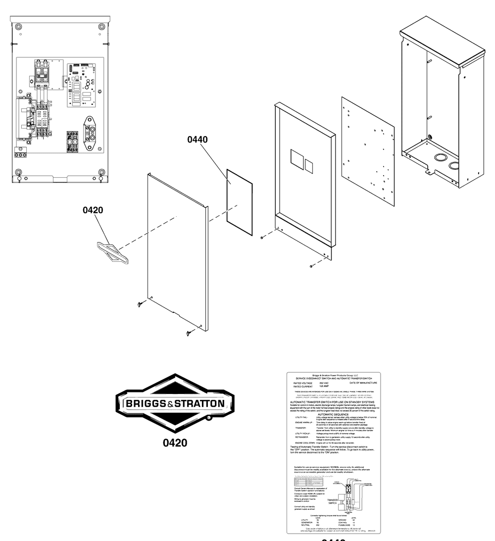 Decals Group - Ats Informational Diagram and Parts List for 071045-02  Briggs and Stratton Generator